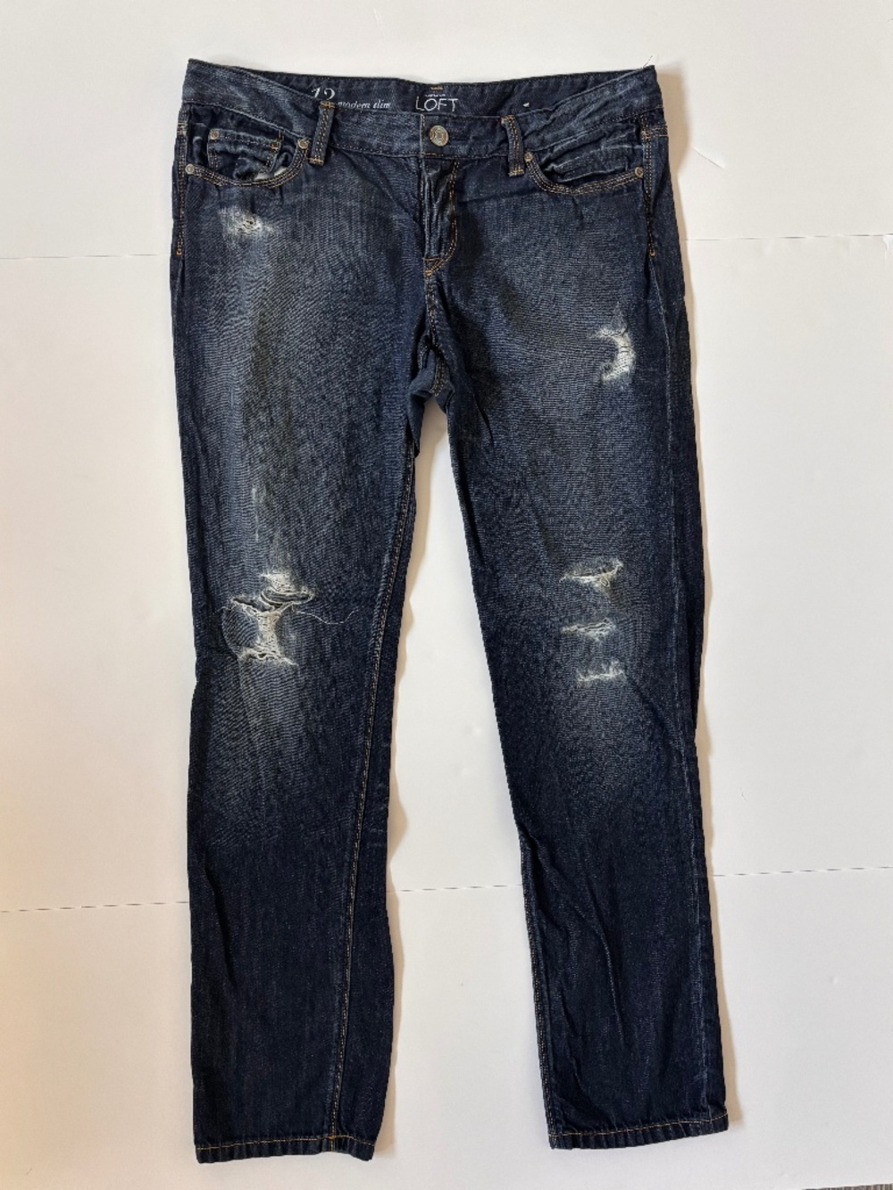 LOFT Distressed Boyfriend Jeans Size 12 Y2K Dark Wash Ripped Denim
